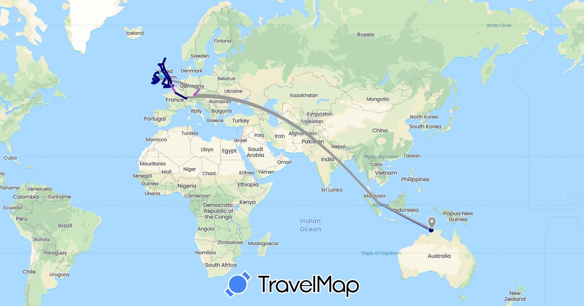 TravelMap itinerary: driving, plane, train, boat in Australia, Switzerland, Czech Republic, Germany, France, United Kingdom, Ireland, Singapore (Asia, Europe, Oceania)